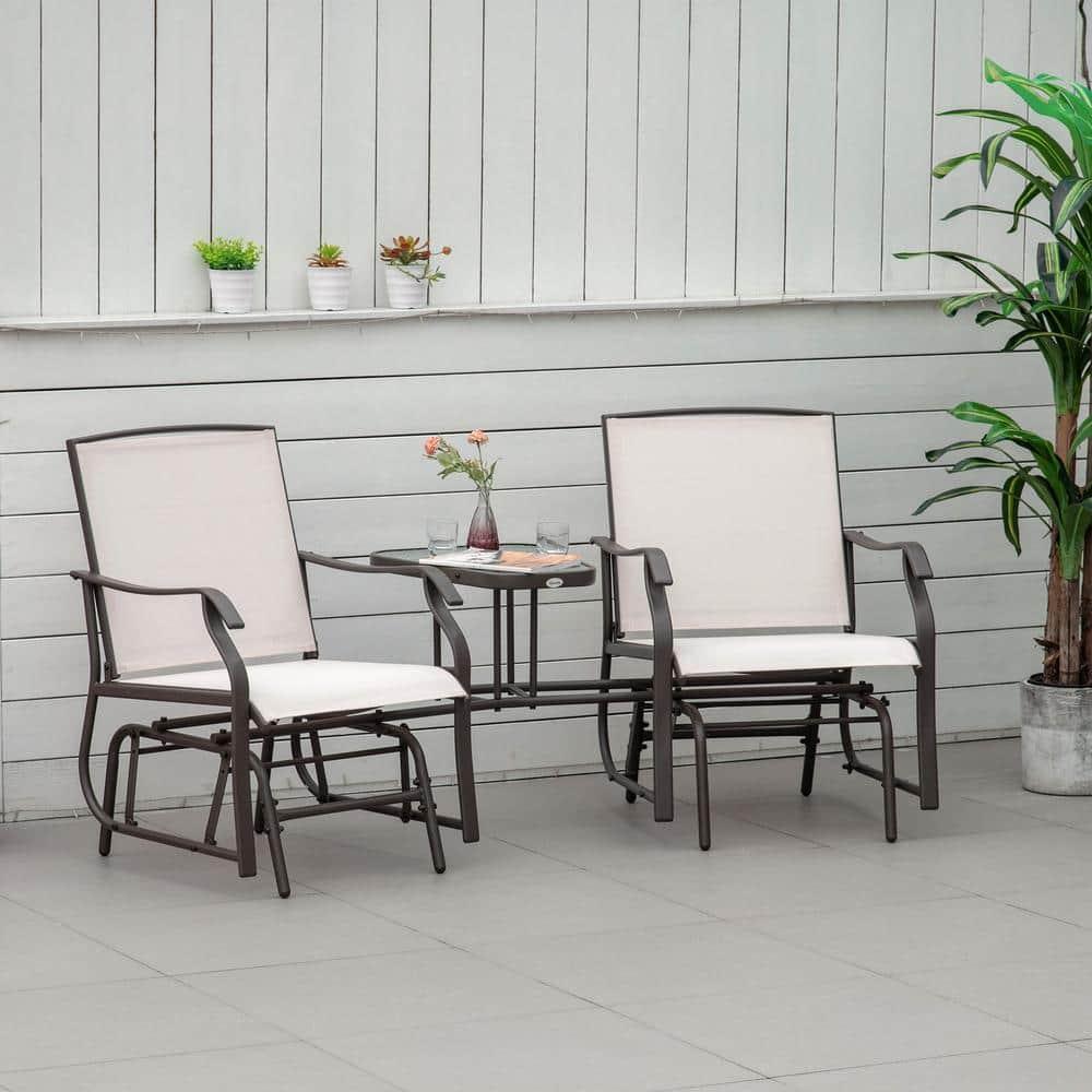 Outsunny Outdoor Glider Chairs with Coffee Table, Patio 2-Seat Rocking Chair Swing Loveseat with Breathable Sling, Beige