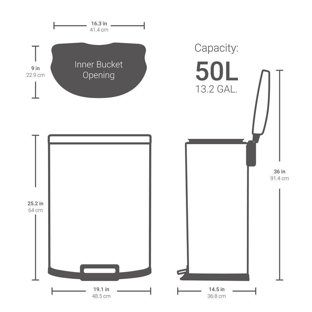 13 Gal. Matte White Stainless Steel Kitchen Trashcan, Step-on, D Shape