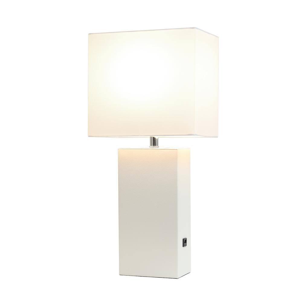 Lalia Home 21" Lexington Leather Base Modern Home Decor Bedside Table Lamp with USB Charging Port White : Fabric Shade