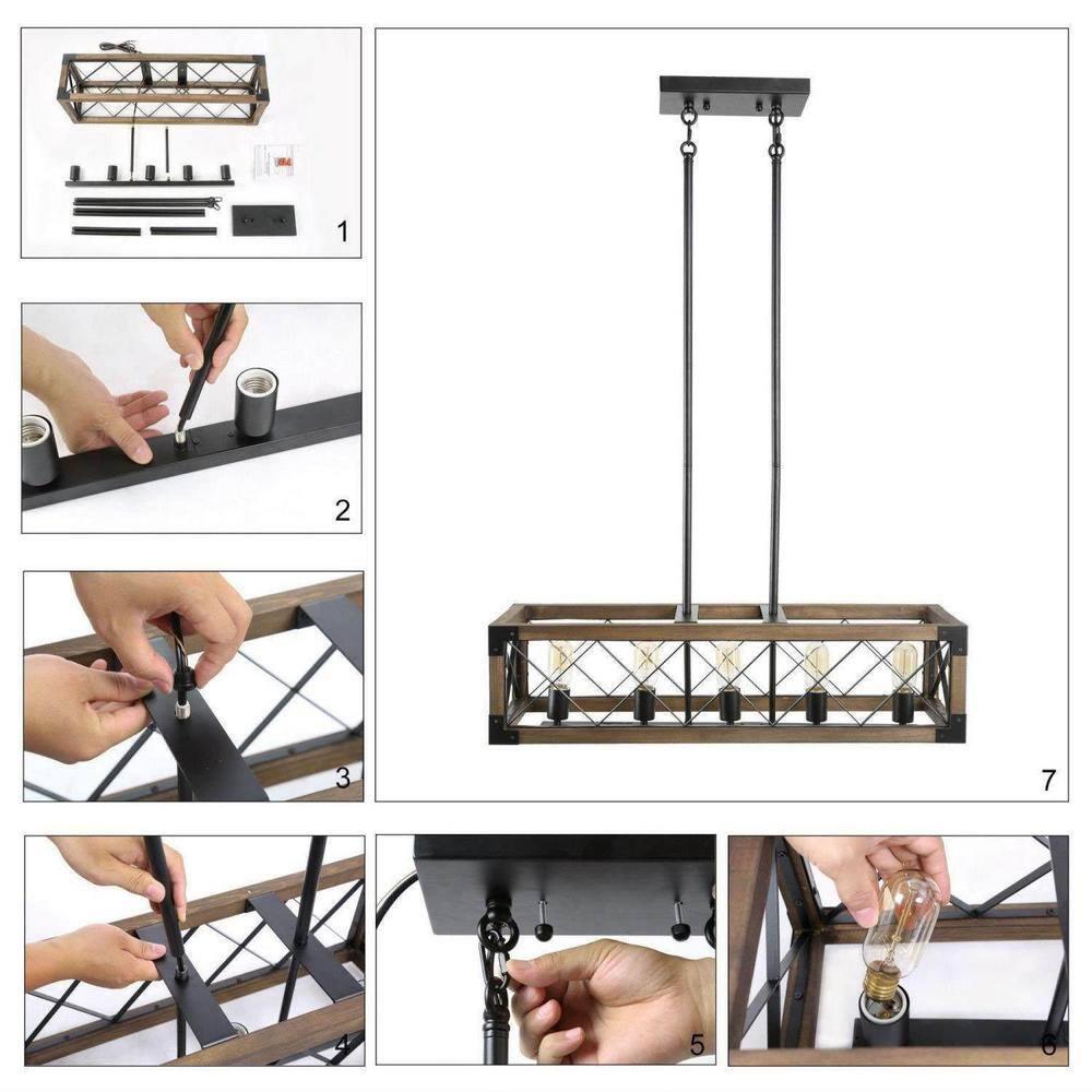 Farmhouse 5-Light Wood and Black Metal Chandelier, Rectangular Kitchen Island Light Fixture