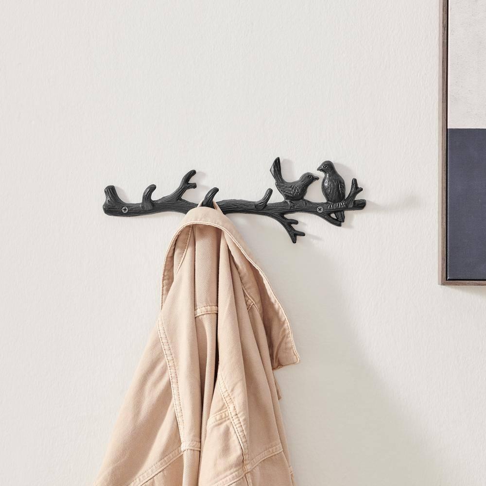 Danya B. Dark Brown Cast Iron Birds on Tree Branch Decorative Wall Sculpture Utility Hook Unit with 4 Hooks