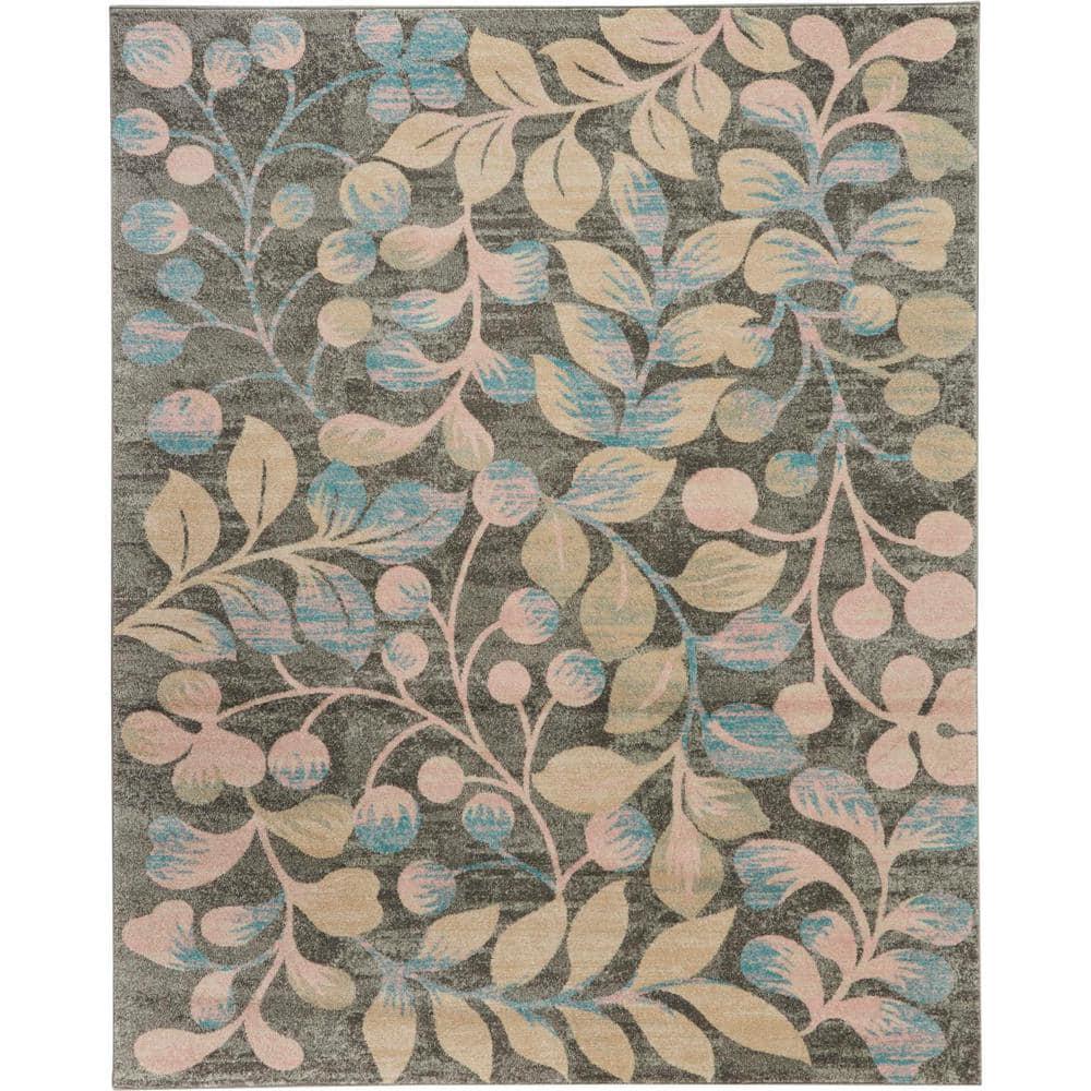 Nourison Tranquil 8' X 10' Grey/Beige Area Rug Contemporary Botanical Vine and Bloom by Nourison
