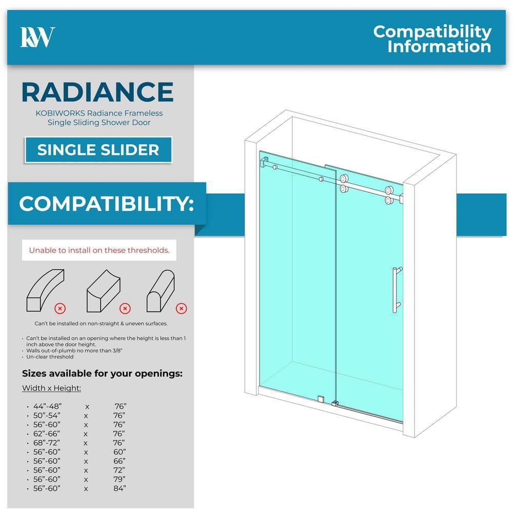 Frameless Sliding Shower Door, 76 x (44-48) Inch Frameless Shower Door, 5/16" (8mm) Clear Tempered Glass in Brushed Nickel Finish, Glass Shower Door
