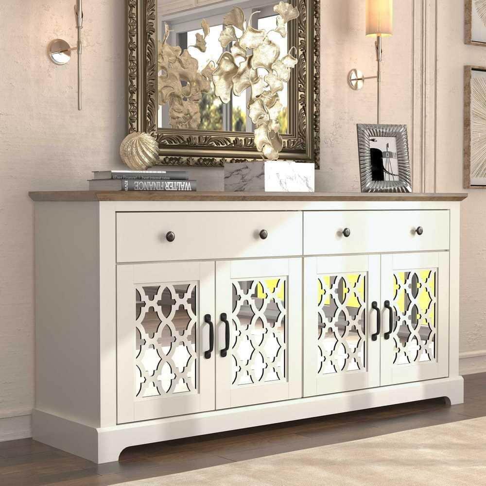 Galano Heron Ivory and Knotty Oak Wood 59.1in. 4 Door Wide Sideboard with Adjustable Shelves and Drawers Galano