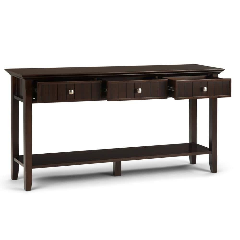 Simpli Home Acadian 60"W Solid Wood Wide Storage Console Table in Brunette Brown with Three Drawers and Open Shelf