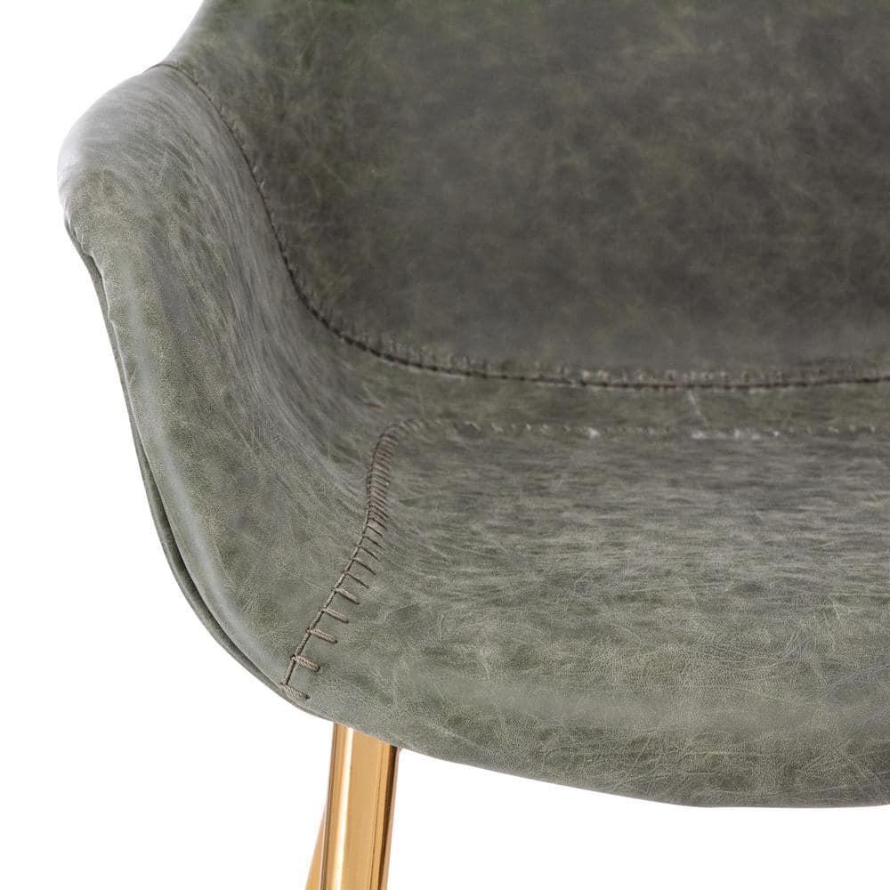 LeisureMod Markley Faux Leather Dining Chair with Arms and Gold Metal Legs, Olive Green