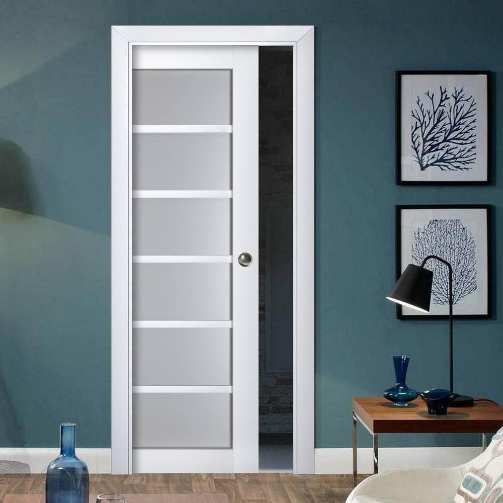 Sliding French Pocket Door with Frosted Glass | Veregio 7602 White Silk | Kit Trims Rail Hardware | Solid Wood Interior Bedroom Sturdy Doors-36" x 96"