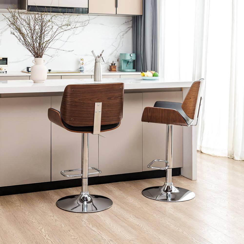 Set of 2 Leatherette Adjustable Height Swivel Bar Stools Chrome Plated Base Black - Glitzhome: Mid-Century, Curved Back, Pneumatic