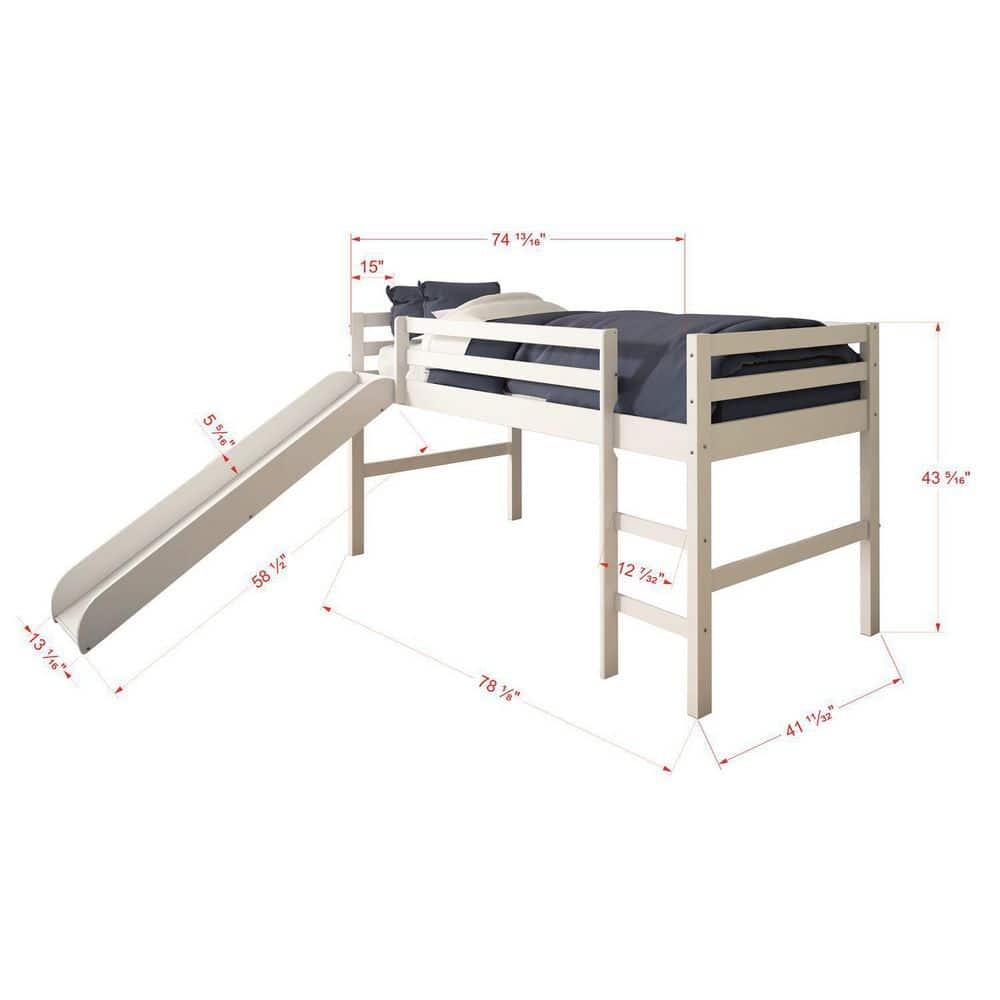 Donco Kids Low Loft Bed with Slide and Blue Tent, Twin, White