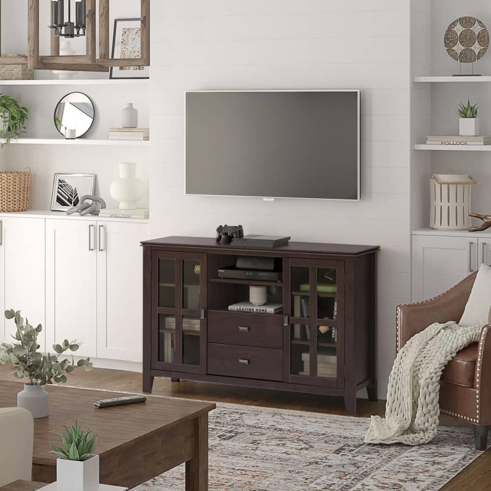 Simpli Home Artisan TV Media Stand in Dark Chestnut Brown