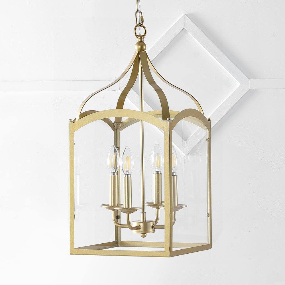 11" LED 4-light Ruth Classic Lantern Metal/Glass Pendant Antique Gold - JONATHAN Y: ETL Listed, Adjustable Height