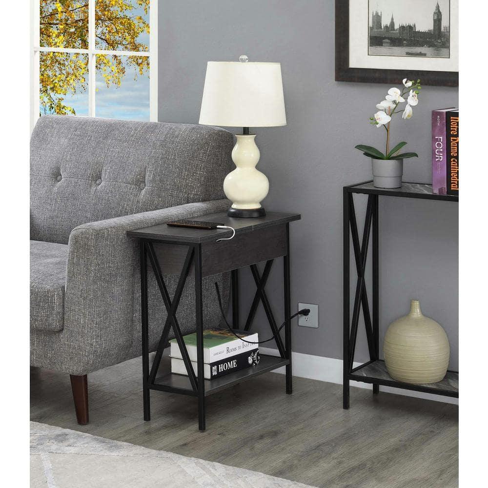 Convenience Concepts Tucson Flip Top End Table with Charging Station and Shelf, Charcoal Gray/Black