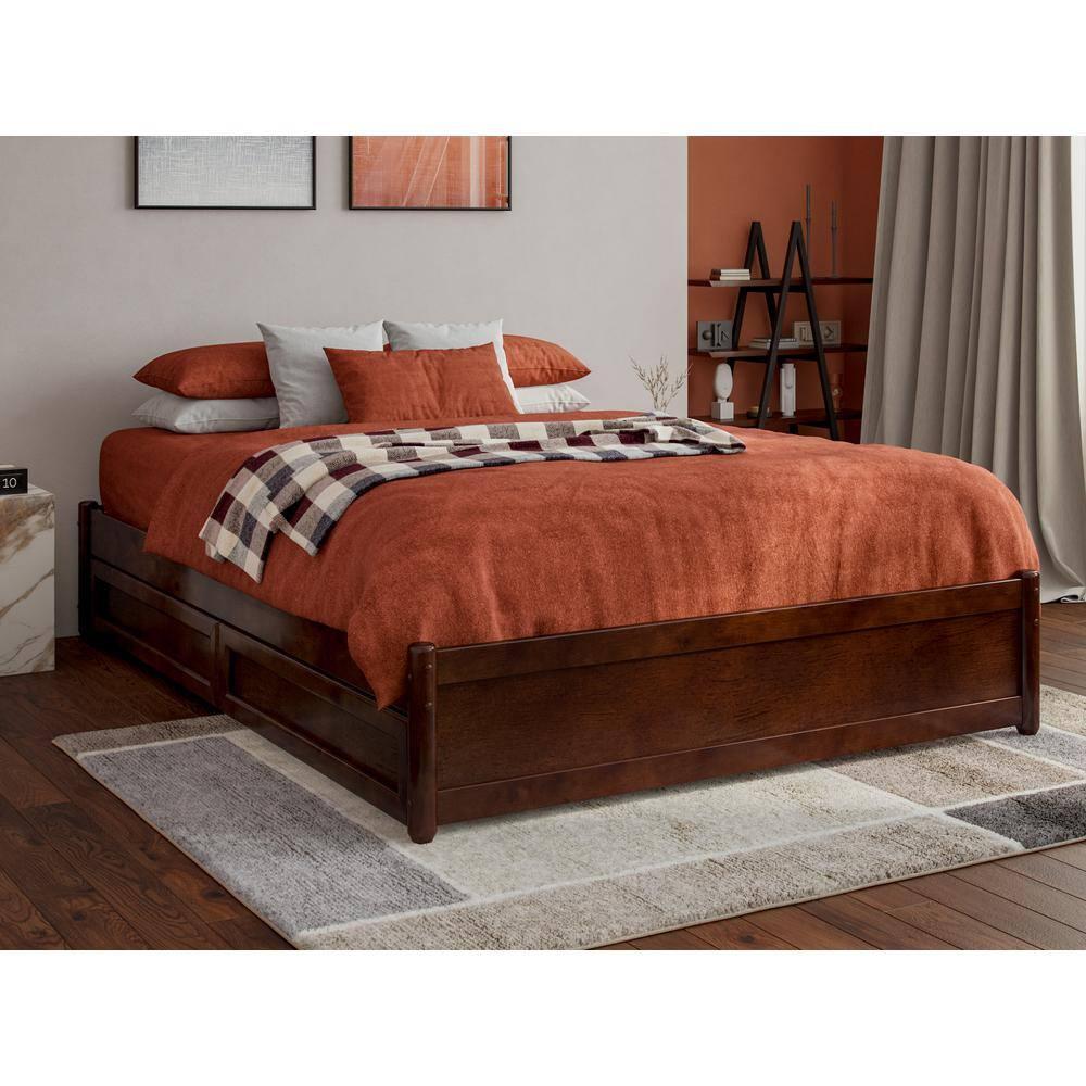 Barcelona Full Solid Wood Panel Platform Bed with Storage Drawers in Walnut