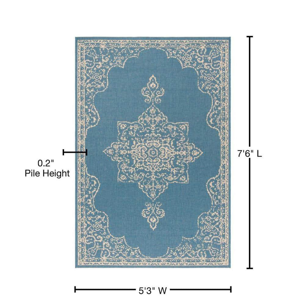 Beach House BHS180 Power Loomed Indoor/Outdoor Area Rug - Cream/Blue - 5'3"x7'6" - Safavieh