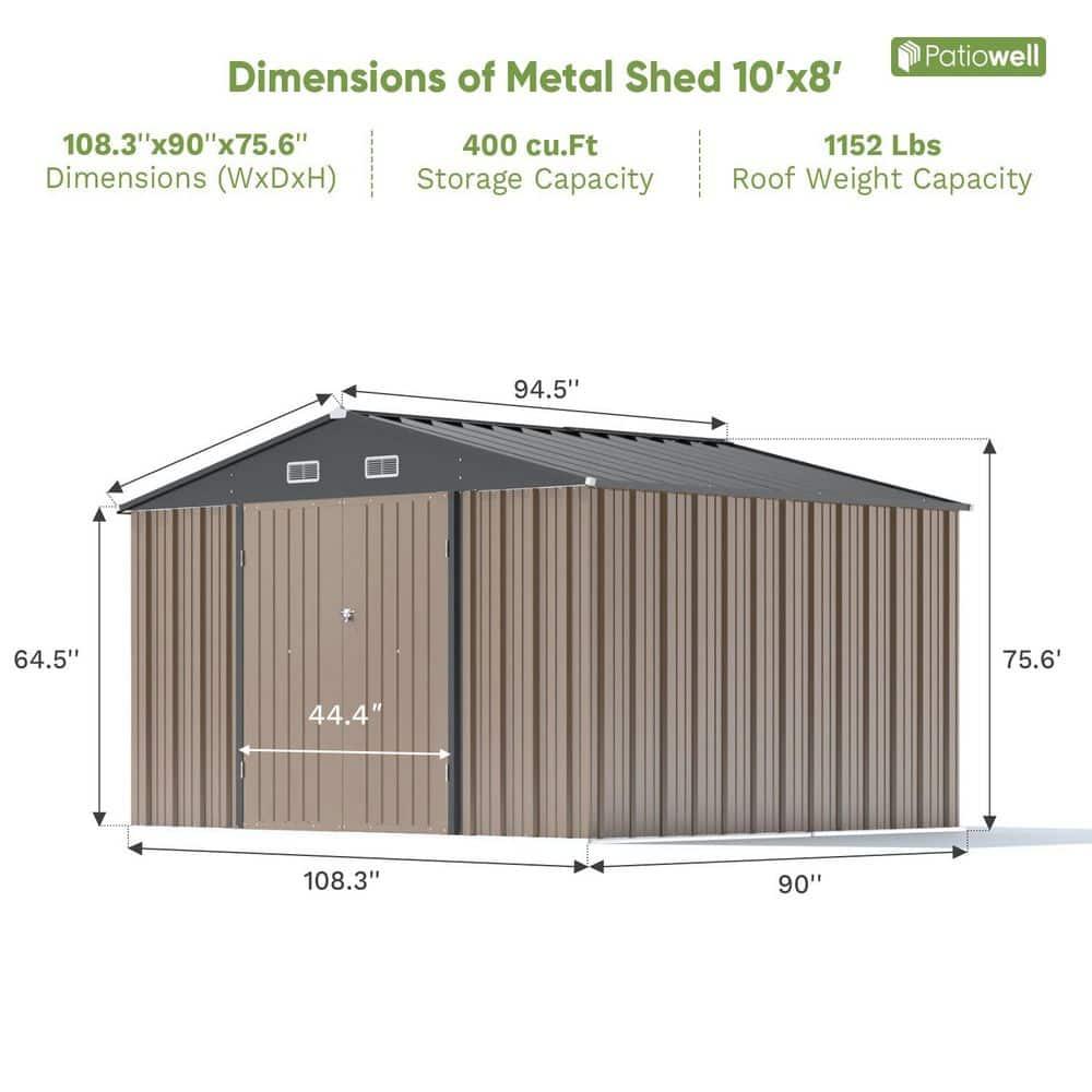 Patiowell 10' x 8' Outdoor Storage Shed with Floor Frame Kit, Metal Garden Tool Shed with Design of Lockable Doors, Utility and Tool Storage for Garden, Backyard, Patio, and Outside Use, Brown