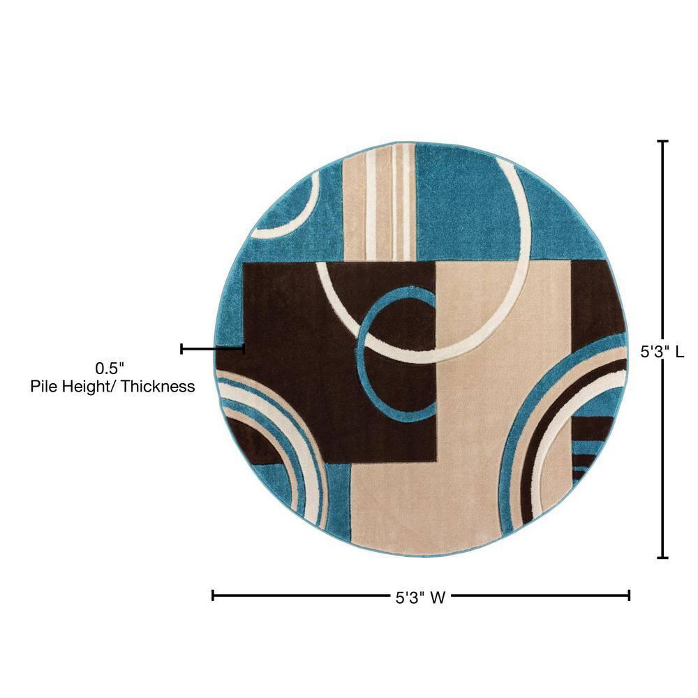 Echo Shapes Circles Modern Geometric Comfy Casual Hand Carved Abstract Contemporary Thick Soft 5'3" Round Blue Area Rug