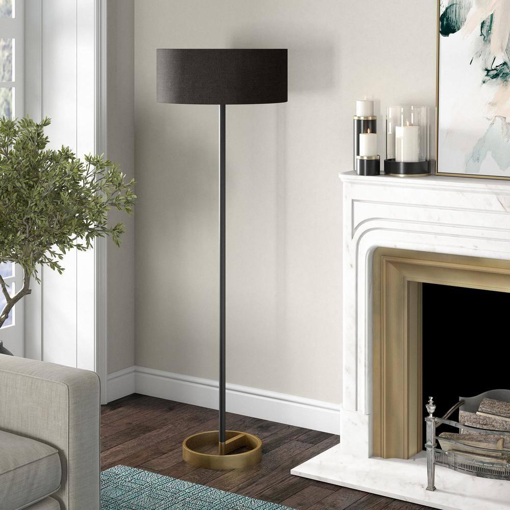 Henn&Hart 20" Matte Black/Brass Metal/Fabric Floor Lamp