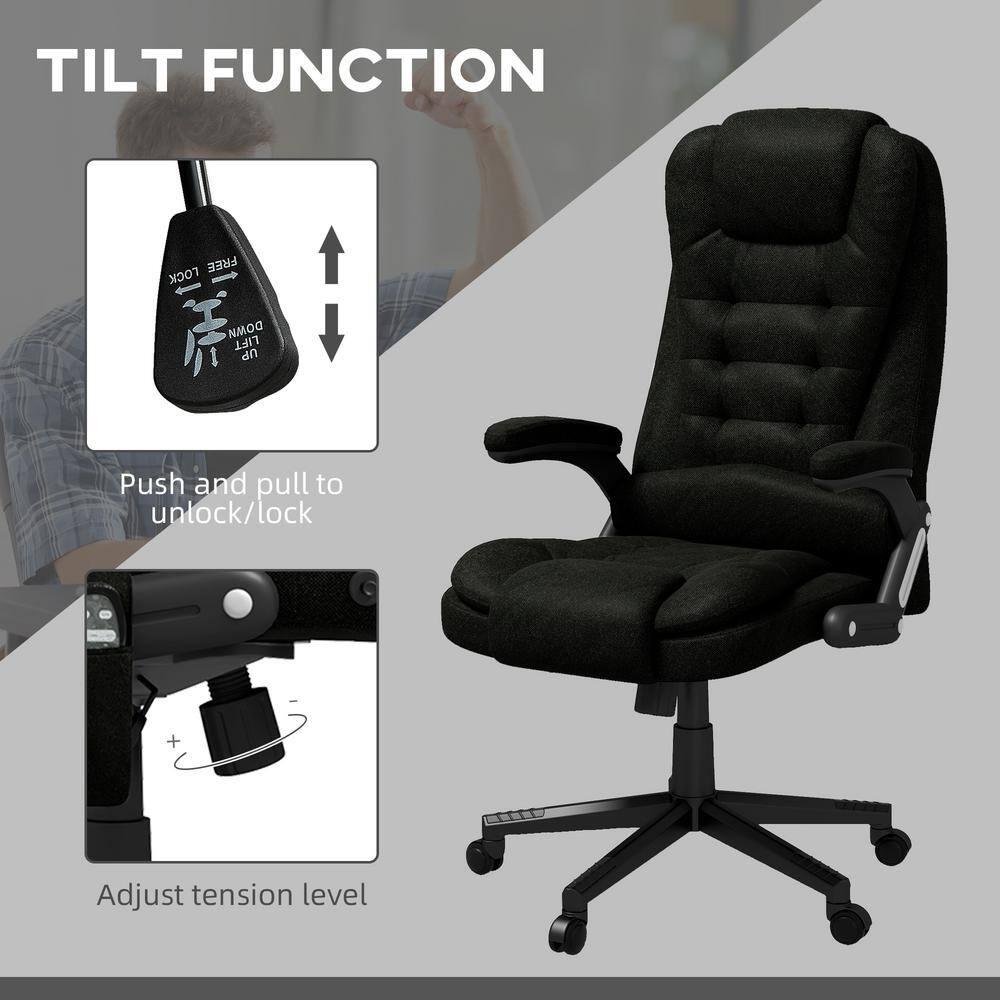 Vinsetto 6 Point Vibrating Massage Office Chair with Heat, Linen High Back Executive Office Chair with Reclining Backrest, Armrests, Black