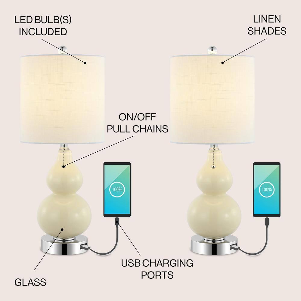 JONATHAN Y JYL1125A-SET2 Cora 22" Classic Vintage Glass LED Table Lamp with USB Charging Port, Coastal, Contemporary, Traditional for living room, bedroom Bulb Included, Cream (Set of 2)