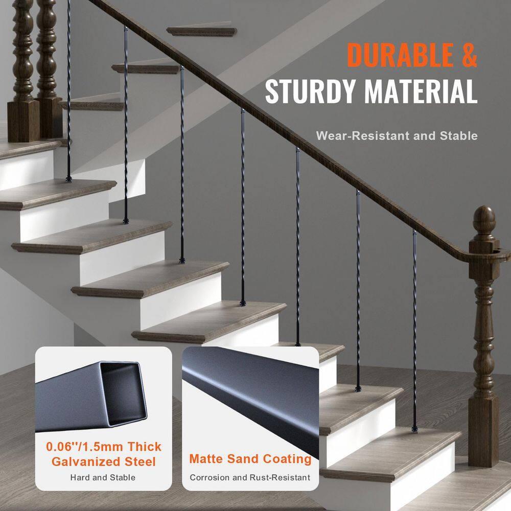 Staircase Metal Balusters, 44'' x 1/2" Galvanized Steel Decorative Banister Spindles, 10 Pack Deck Baluster with Hollow Twists, Satin Black Spiral Stair Railing with Shoes & Screws
