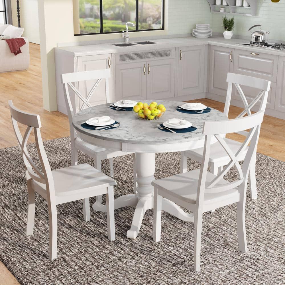 5 Pieces Dining Sets with Round Marble Top Table and 4 Chairs, Fashion Home Kitchen Table and Chairs Set for 4 Persons, Simple Dining Table Set, Steady and Durable, White
