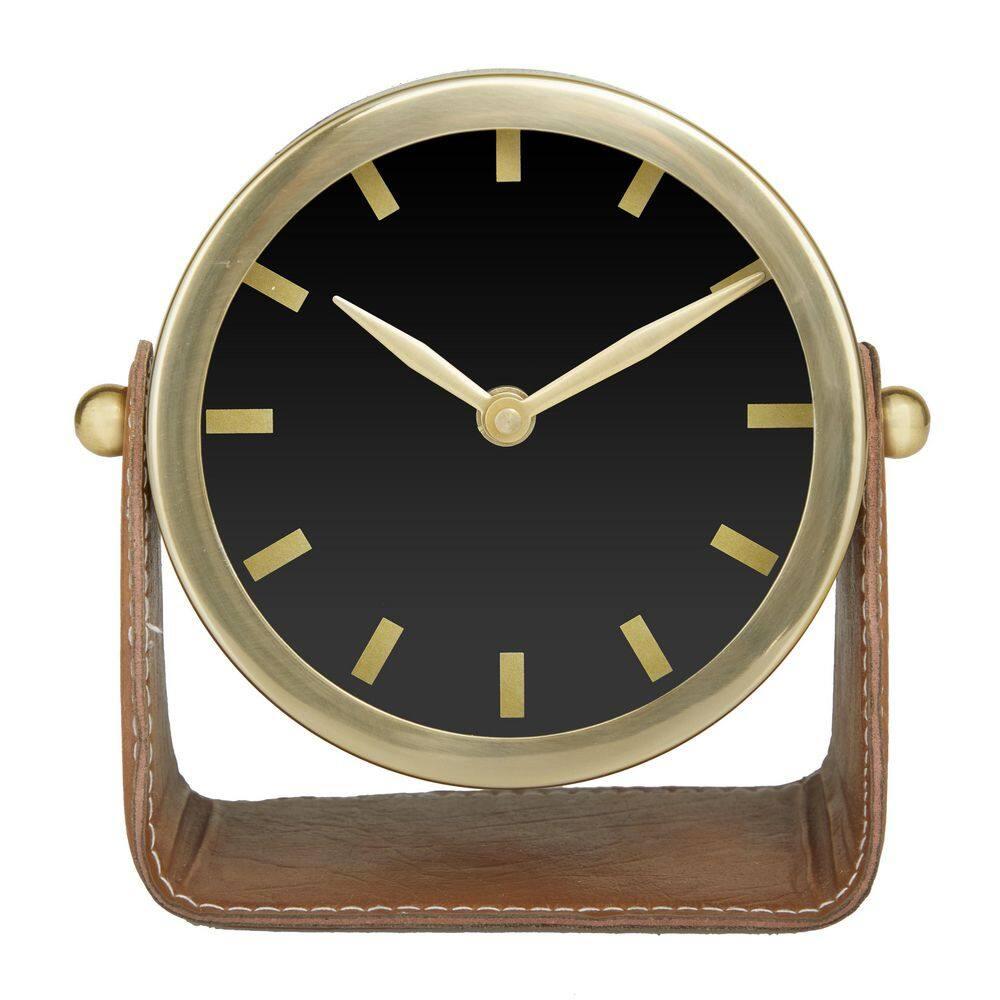 Deco 79 Stainless Steel Metal Clock with Leather Stand, 6" x 3" x 6", Gold