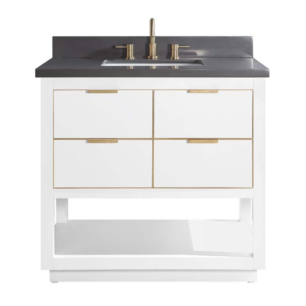 Allie 37" White and Gold Trim Single Bathroom Vanity with Gray Quartz Top