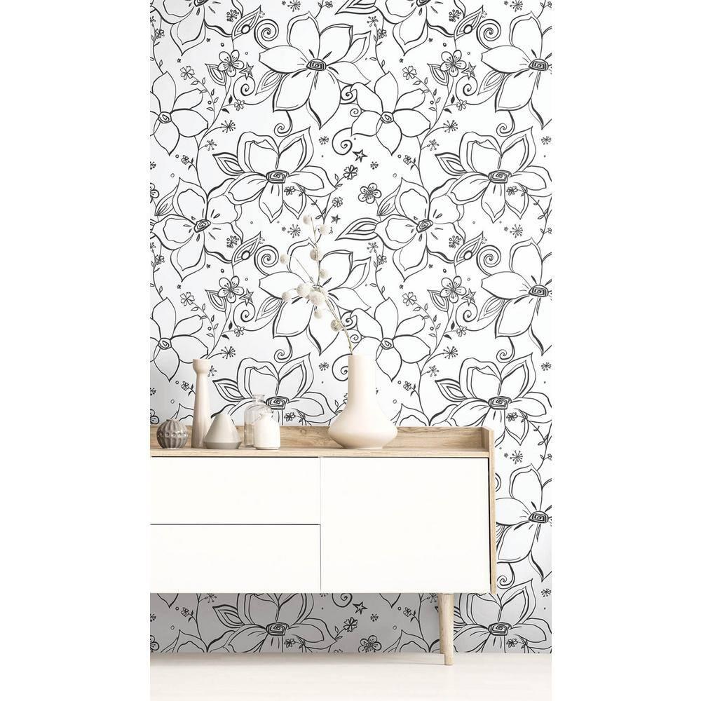 NextWall Black & White Linework Floral Peel and Stick Wallpaper