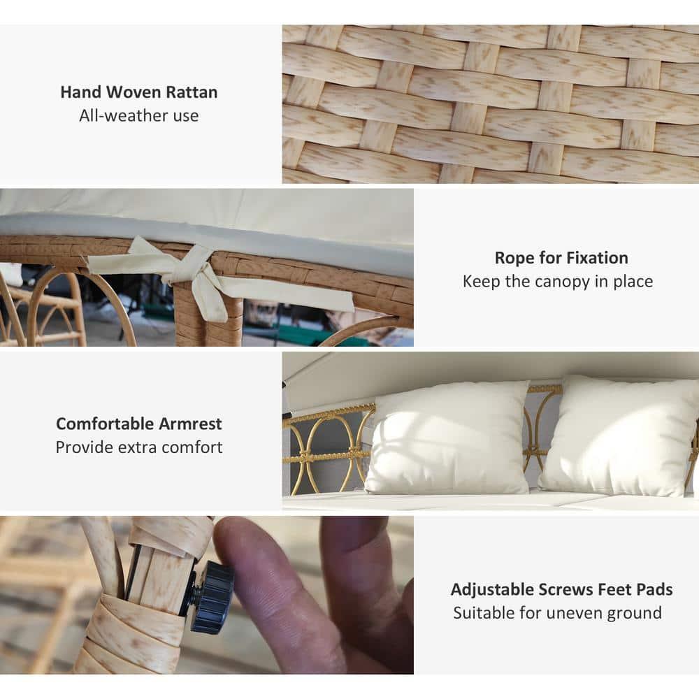 Outsunny 4 Piece Round Outdoor Daybed with Canopy, Cushioned PE Rattan Patio Furniture Set, Cream White