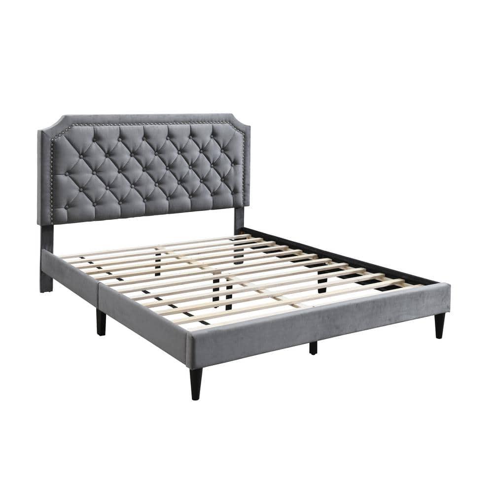Urban Home Furniture Ava Plush Velvet Tufted Buttoned Upholstered Headboard Clipped Edge Nailhead Decorated Platform Bed Frame with Wood Slats Support Legs Queen - Charcoal Grey