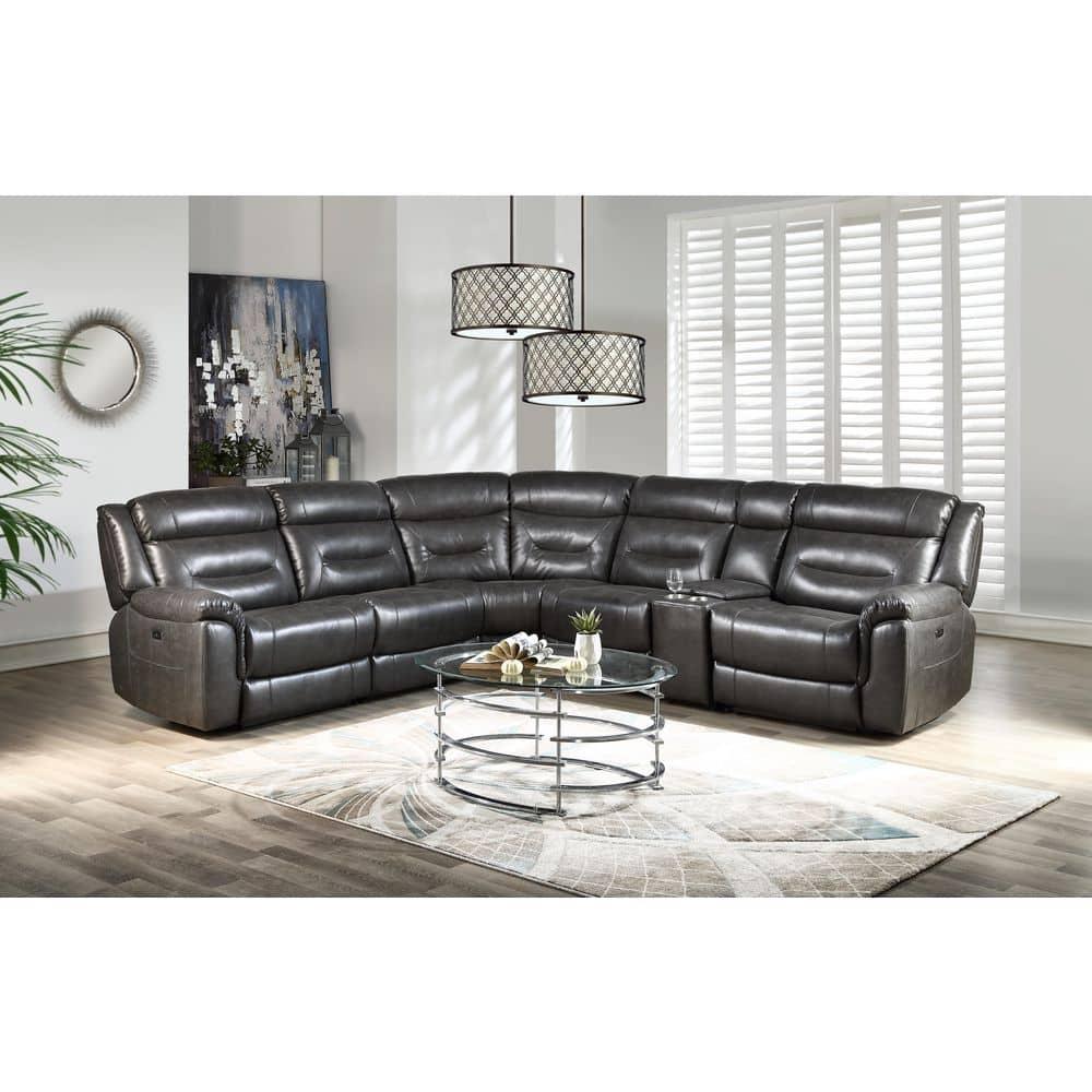 ACME Imogen Sectional Sofa (Power Motion/USB Port), Gray Leather-Aire