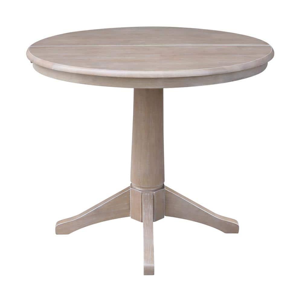 36" Magnolia Round Top Dining Table with 12" Leaf Washed Gray Taupe - International Concepts: Hardwood Pedestal Base, Seats 4