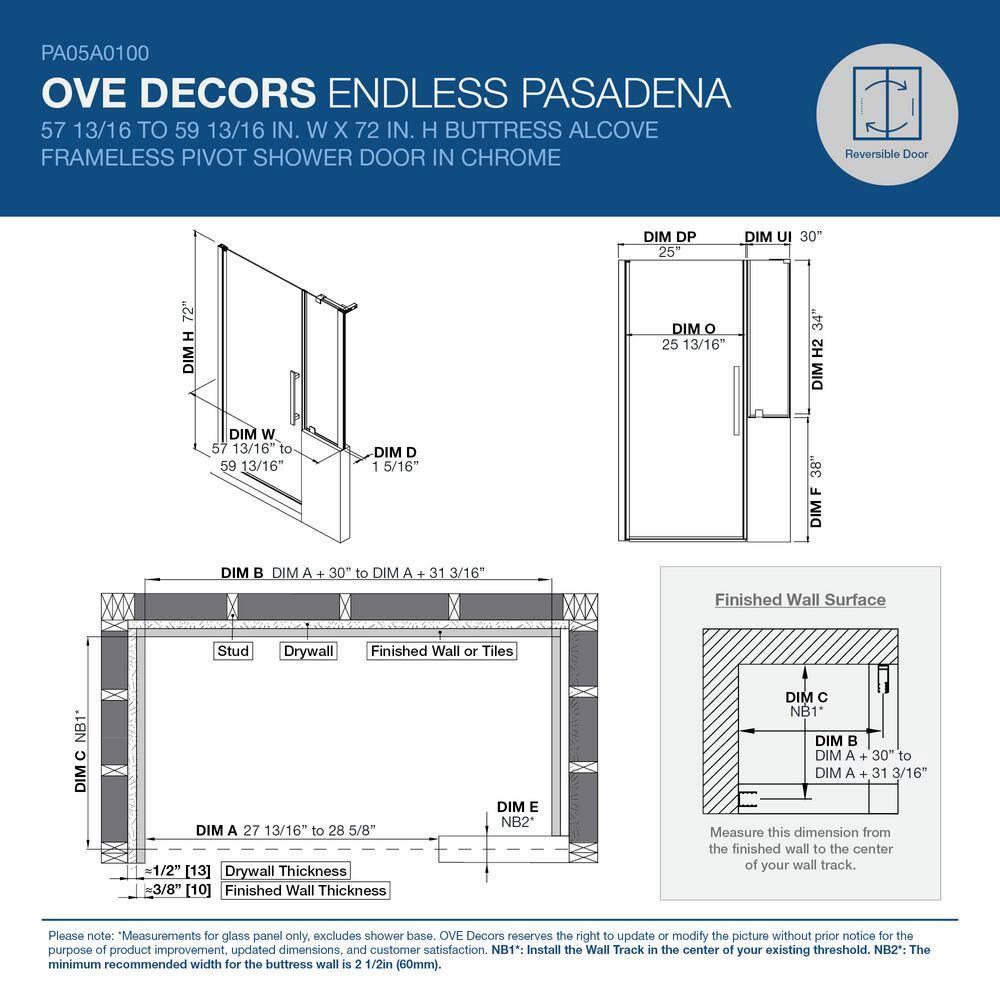 OVE Decors Endless PA05A0100 Pasadena, Buttress Alcove Frameless Shower Door, 57 13/16 to 59 13/16 in. W x 72 in. H, in Chrome