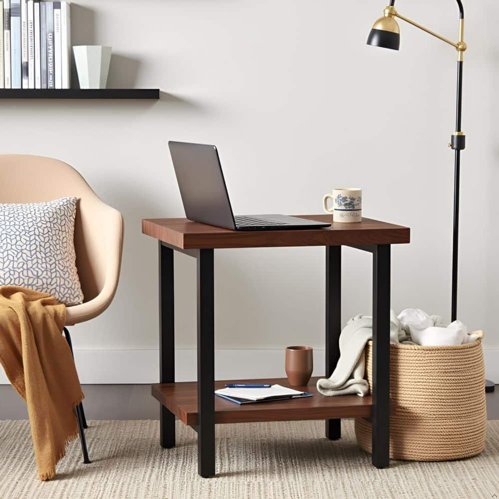 Pomona Solid Wood and Metal End Table with Shelf - Alaterre Furniture: Rustic Design, Fixed Shelf, Rectangle Shape