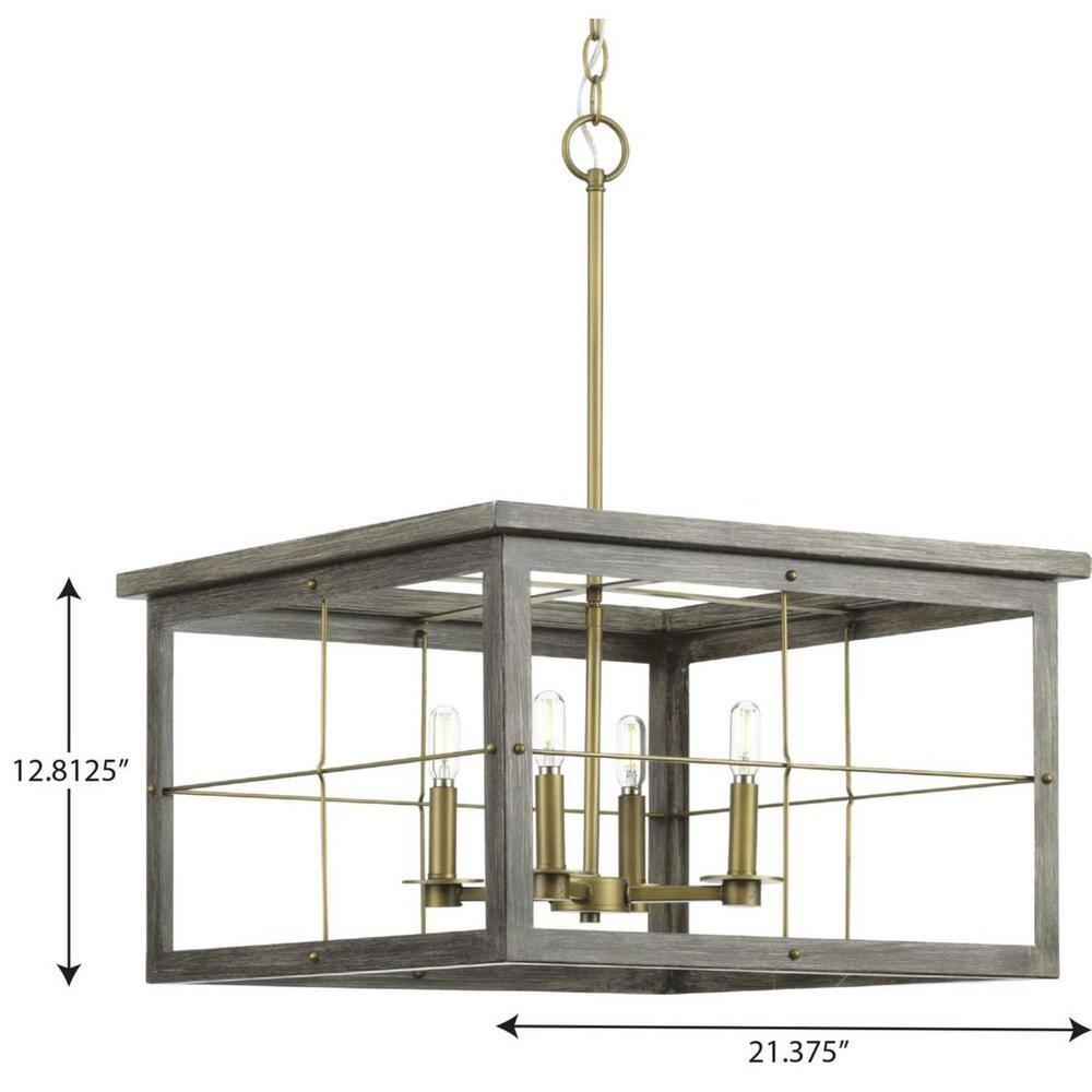 Progress Lighting, Hedgerow Collection, 4-Light Chandelier, Distressed Brass, Windowpane Design