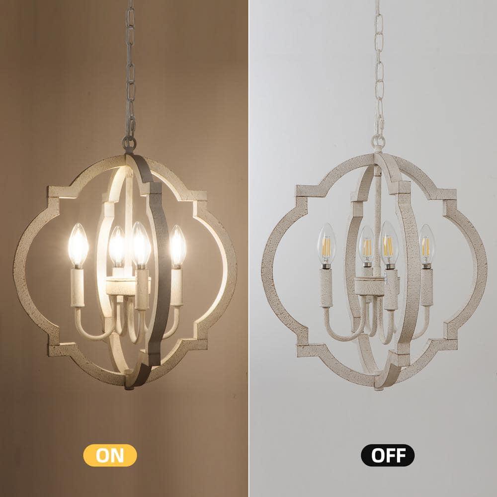 Farmhouse Chandelier Rustic Orb Chandeliers for Dining Room White Wooden Pendant Lighting 4 Light Small French Country Hanging Light Fixtures for Kitchen Island Living Room Bedroom Entryway