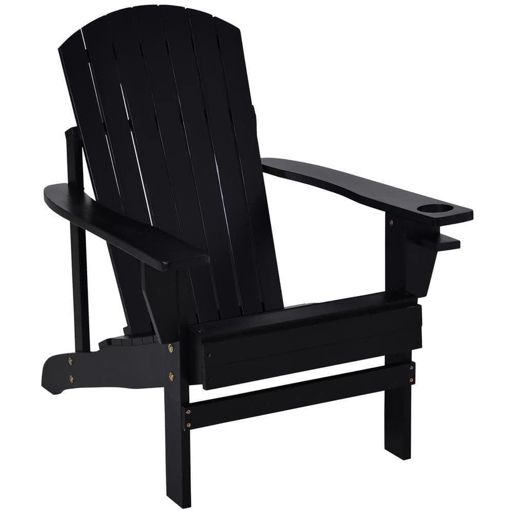 Outsunny Oversized Adirondack Chair, Outdoor Fire Pit and Porch Seating, Classic Log Lounge w/ Built-in Cupholder for Patio, Backyard, Black