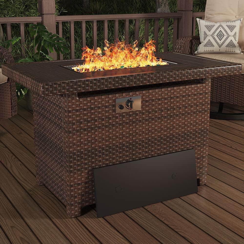 Gyutei44-in Rectangle 50,000 BTU PE Rattan Propane Fire Pit Table with Lid, Non-Glass Wind Cover