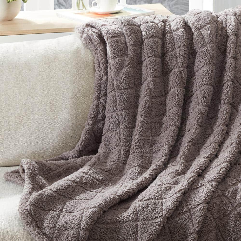 Cathay Home Coleman Oversize Diamond Quilted Teddy Sherpa Fleece Throw Blanket/Bedspread - Home, Sofa, Couch, Outdoor, Travel, Stadium, Sports, Camping, Hiking - Charcoal Brown, Full/Queen (90"x90")