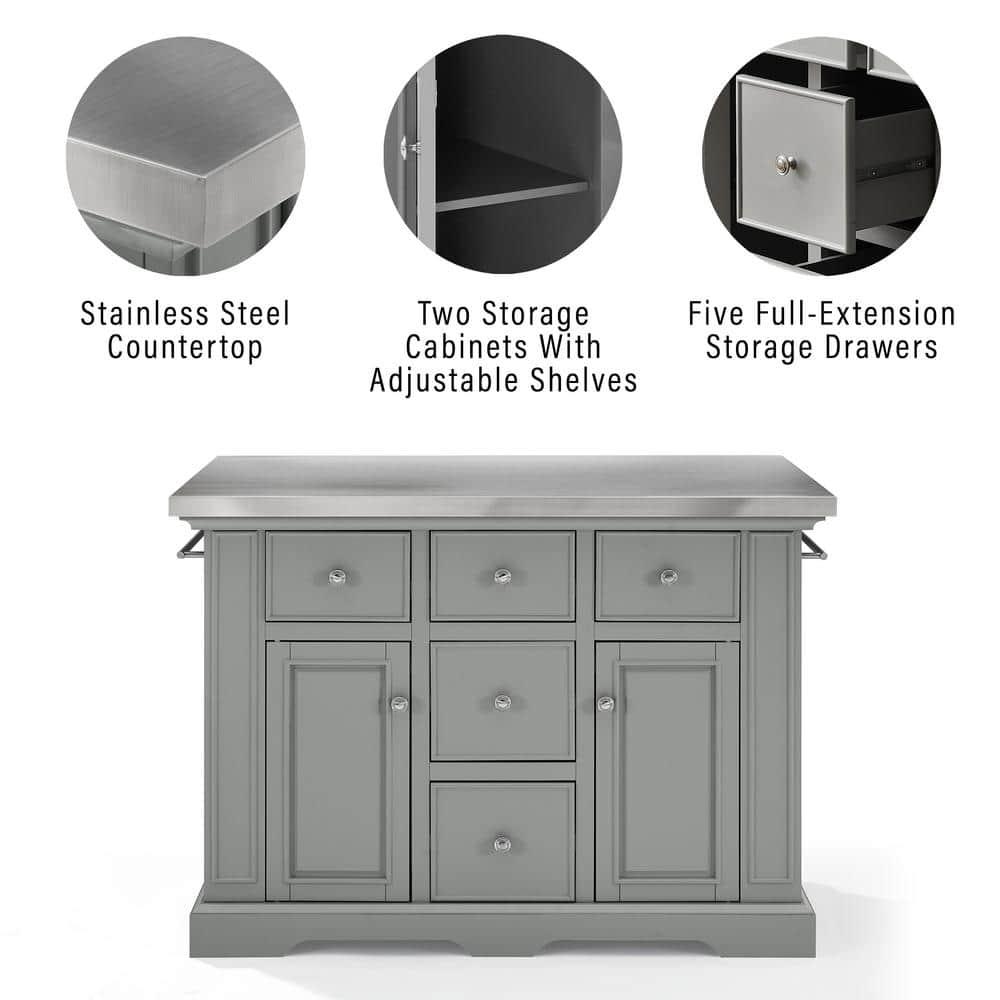 Julia Stainless Steel Top Kitchen Island Gray - Crosley: Towel Bar, Spice Rack, 5 Drawers, 2 Cabinets