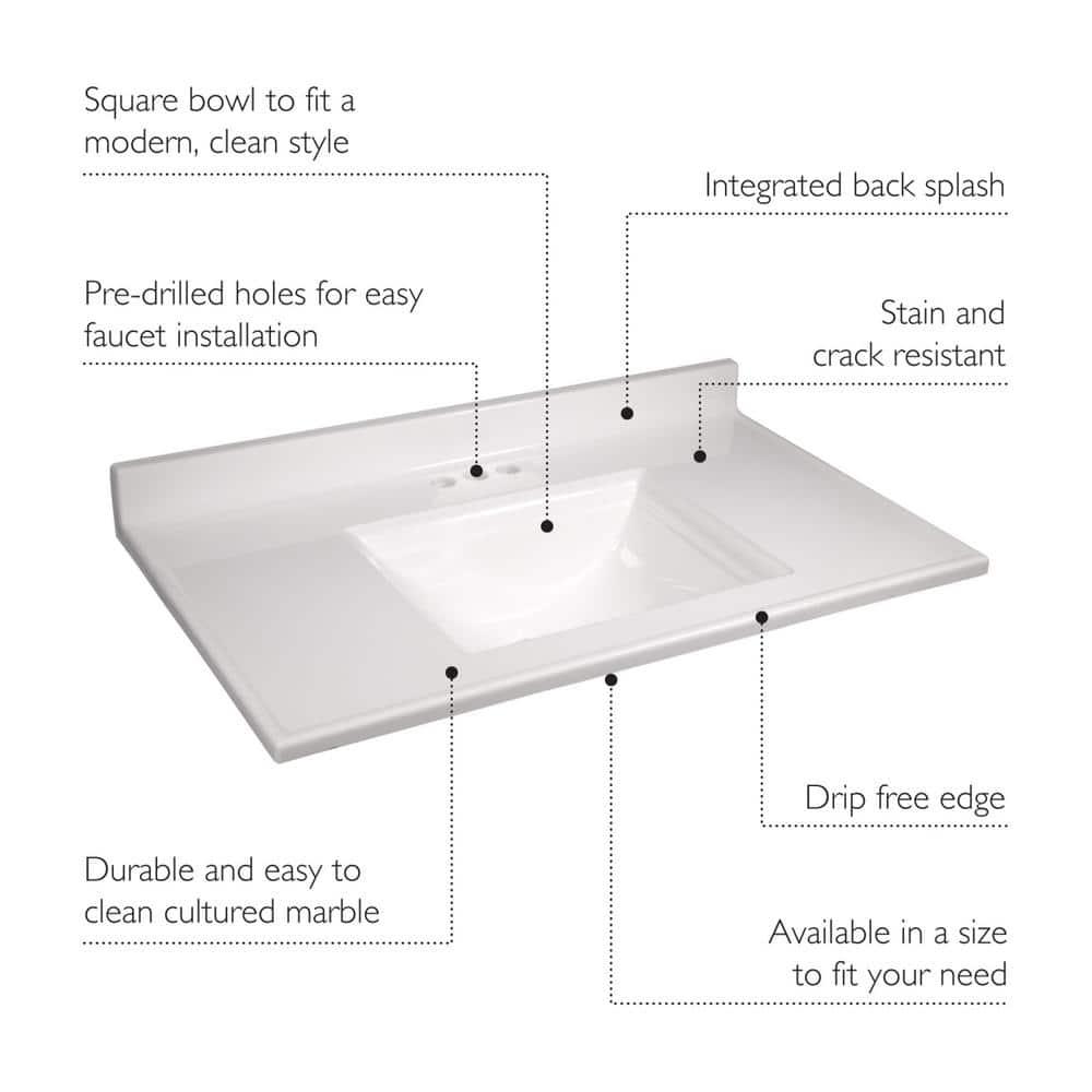 Camilla 37 in Cultured Marble Center Mount Rectangle One Bowl Vanity Top with Backsplash in Solid White