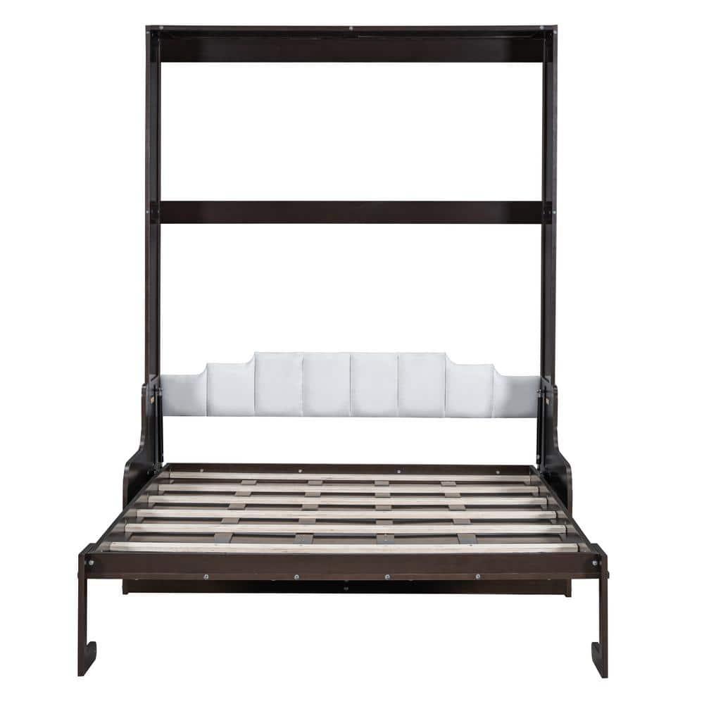 Harper & Bright Designs Queen Size Murphy Bed Chest with Upholstered Headboard, Espresso Wood Wall Bed Cabinet with Cushion Seat, Foldable for Guest Room Home Office