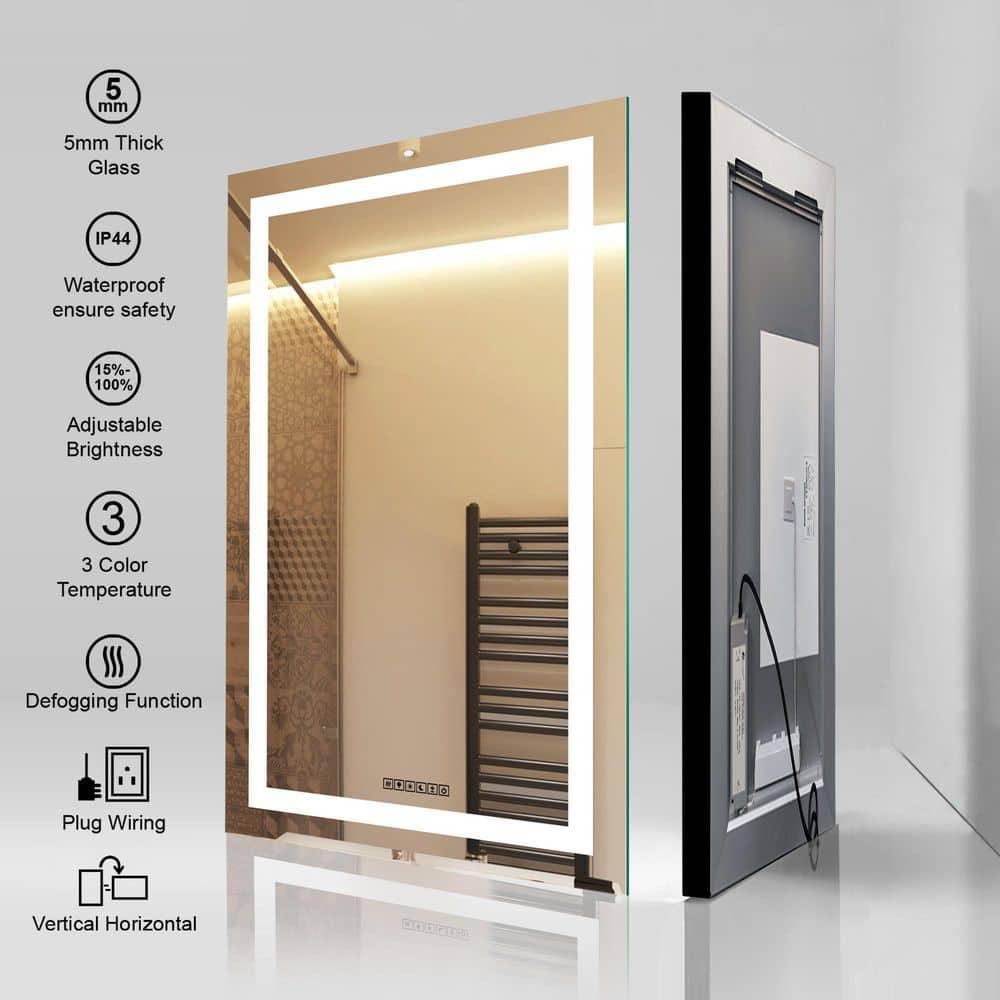 20"x30" inches LED Dimmable Bathroom Mirror Rectangle LED Lighted Wall Mounted Mirror for Vanity Room with Touch Button and Anti-Fog Function by Fab Glass and Mirror