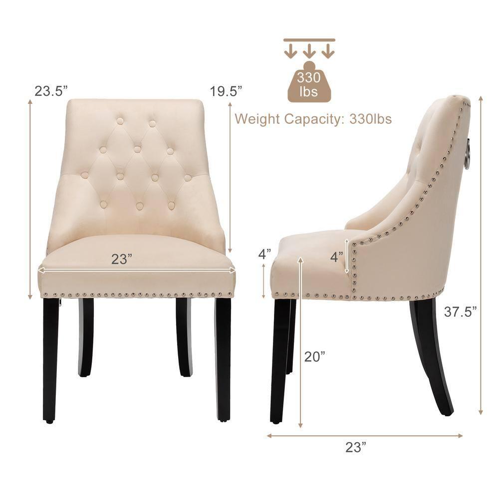 Velvet Dining Chair Upholstered Tufted Armless w/ Nailed Trim & Ring Pull Beige