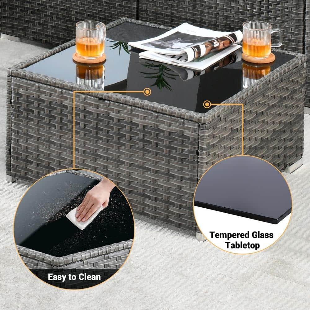 Ovios Venice 8pc Wicker Outdoor Patio Furniture Set Conversation Sofa with a Storage Fire Pit and Navy Blue Cushions