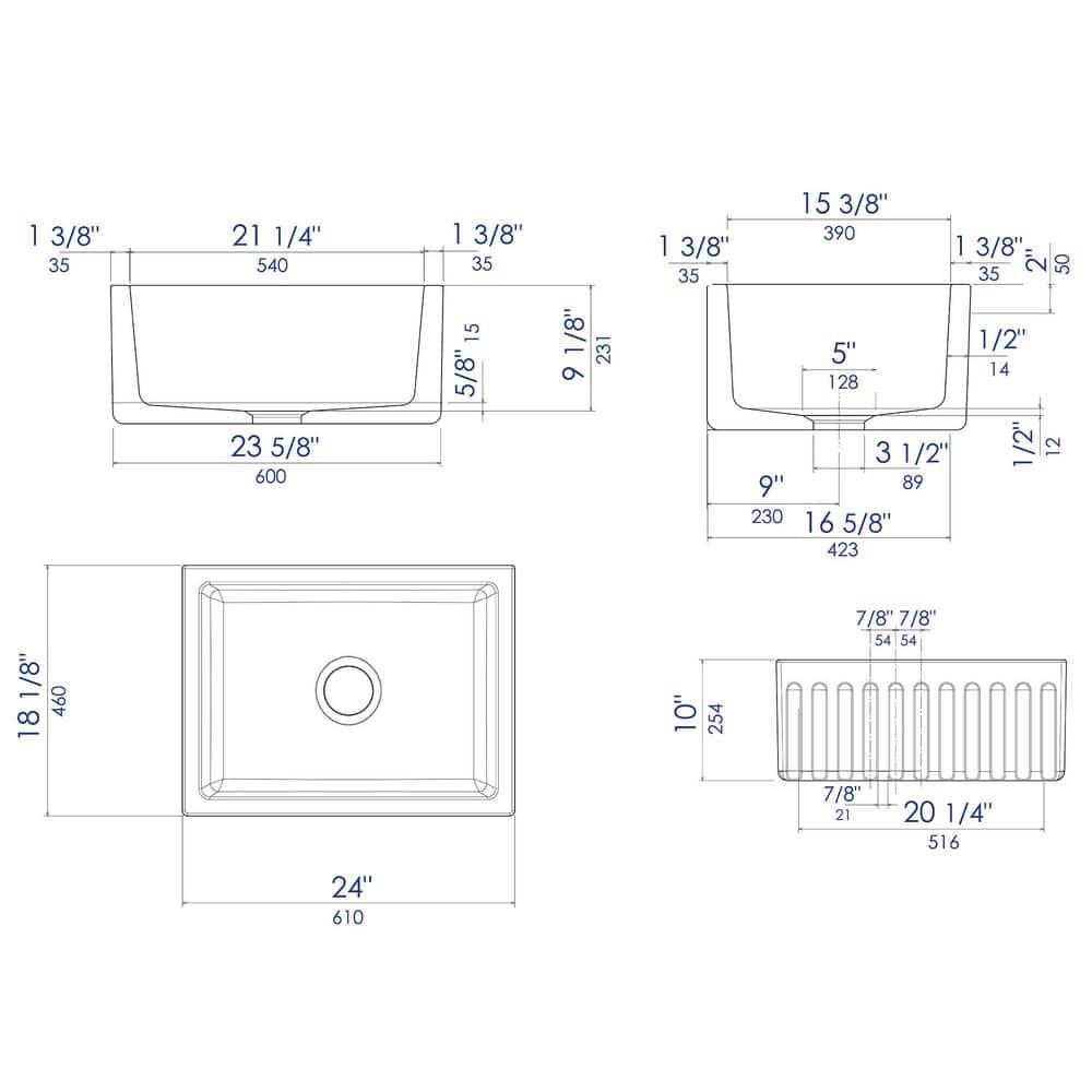 24'' L Flush Single Bowl Fireclay Kitchen Sink