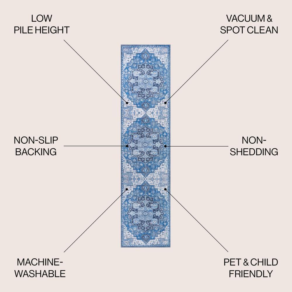 2' x 8' Maris Ornate Medallion Machine Washable Indoor/Outdoor Runner Rug, Blue/Navy - JONATHAN Y