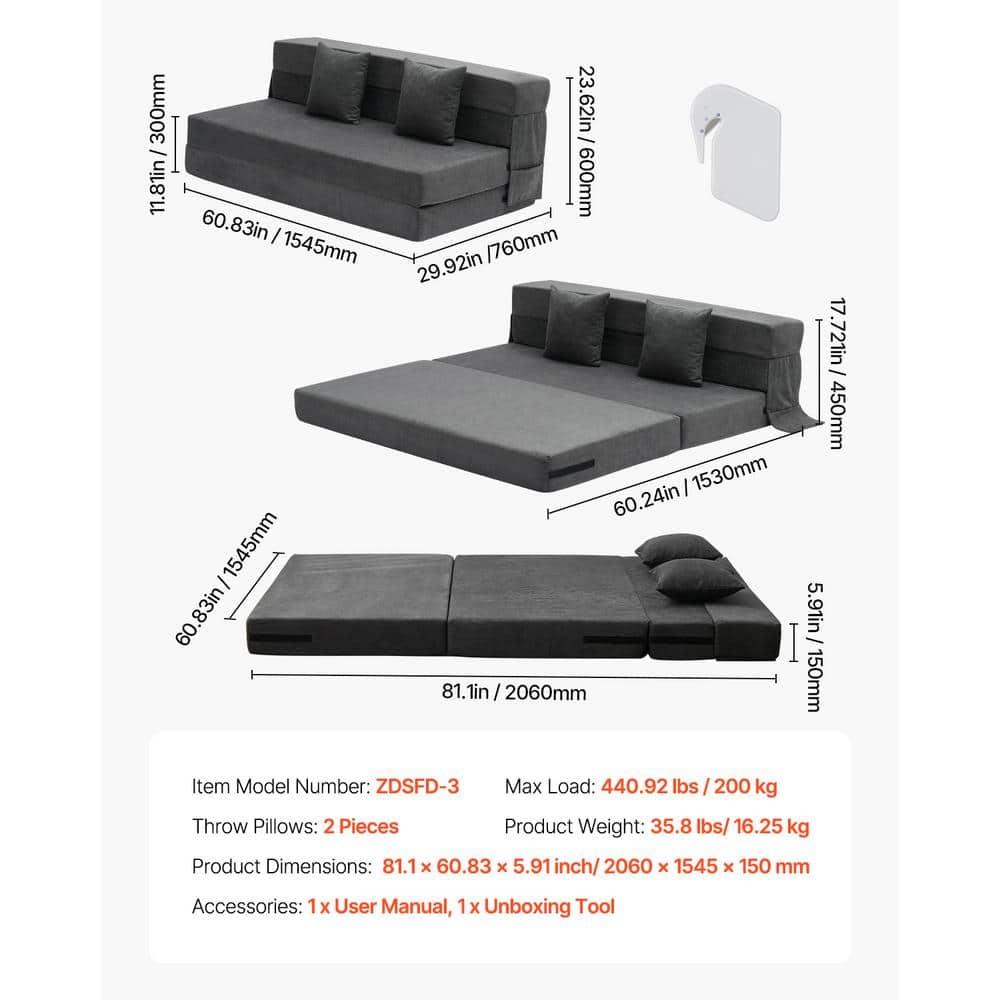 VEVOR Folding Sofa Bed, 3-in-1 Foldable Couch Bed with 2 Pillows and Washable Cover, 25D High Density Memory Foam Sleeper Chair Bed, Dark Grey(Queen)
