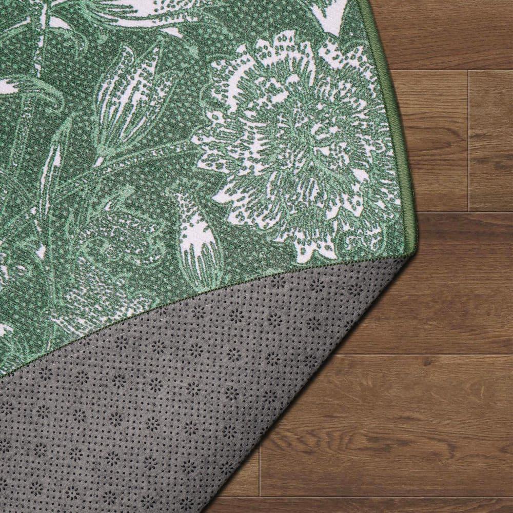 Kalini Green Floral Round Washable Synthetic Area Rug