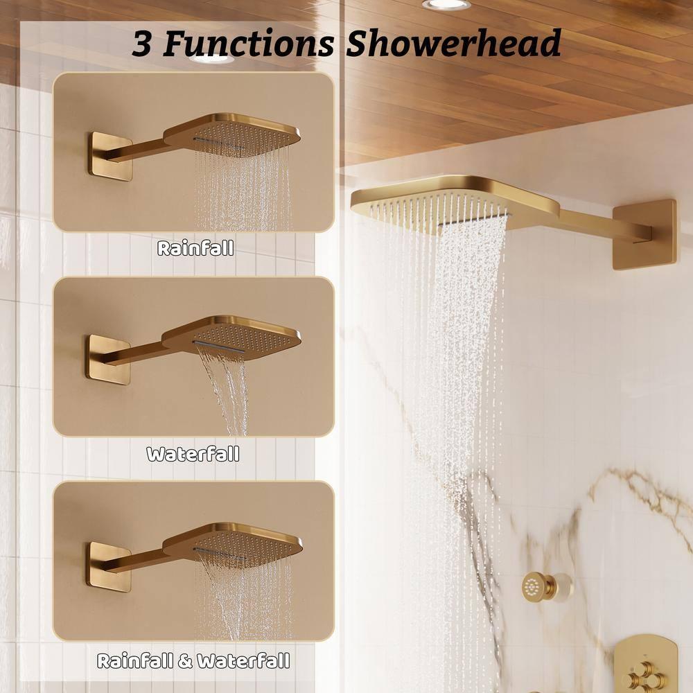 CASAINC 4-Function Wall Mounted Thermostatic Complete Shower System with 6 Body Jets and Rough-in Valve CS6855-22BG